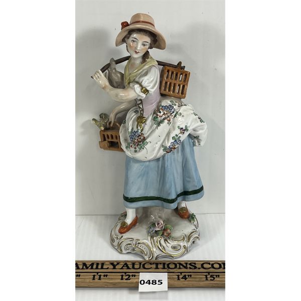 SITZENDORF (?) WOMAN W/ BIRD CAGES PORCELAIN FIGURINE
