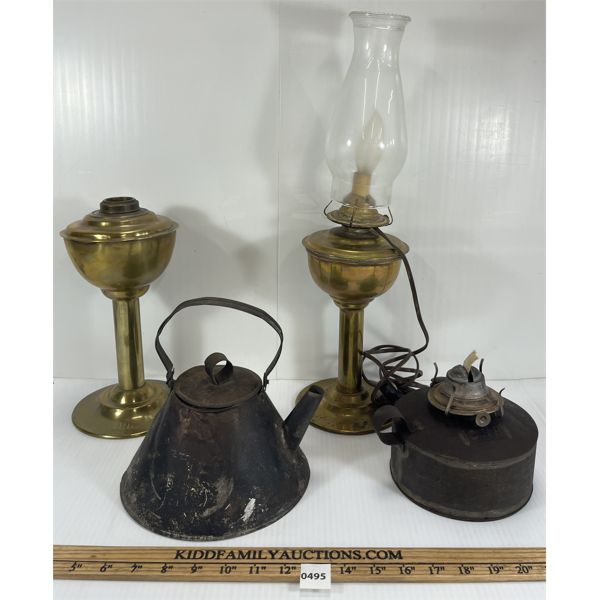 LOT OF 5 - H.L. PIPER CPR LAMPS - CHIMNEY - TIN COFFE POT, ETC. 