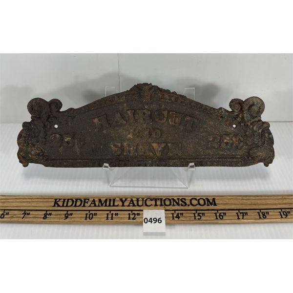 HAIRCUT & SHAVE CAST IRON PLAQUE - 25 CENTS