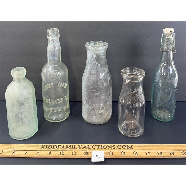 LOT OF 5 - MISC EMBOSSED BOTTLES - INCL LAKE VIEW BREWING & ALEXANDER'S PRIZE WATERS, ETC.