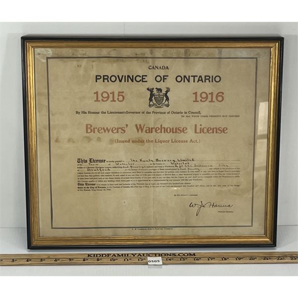1915-1916 KUNTZ BREWERY LTD FRAMED BREWERY WAREHOUSE LICENSE