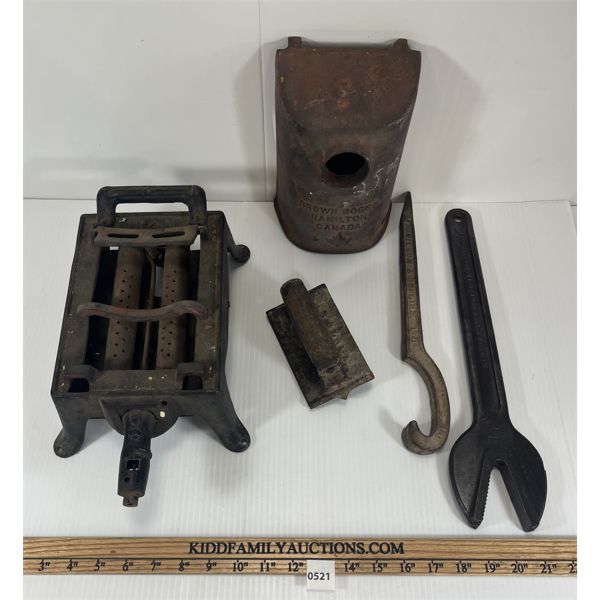 LOT OF 5 - ROEBLING ALLIGATOR WRENCH - CAST IRON STOVE & IRON, ETC.