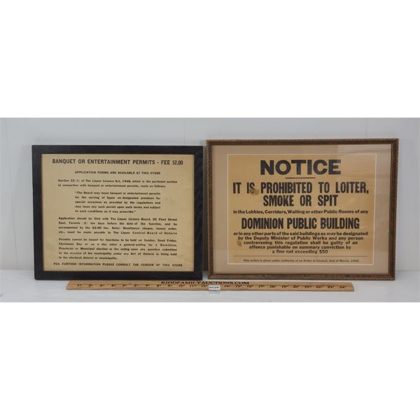 LOT OF 2 - FRAMED NOTICES - INCL PROHIBITED TO LOITER & BANQUET PERMITS