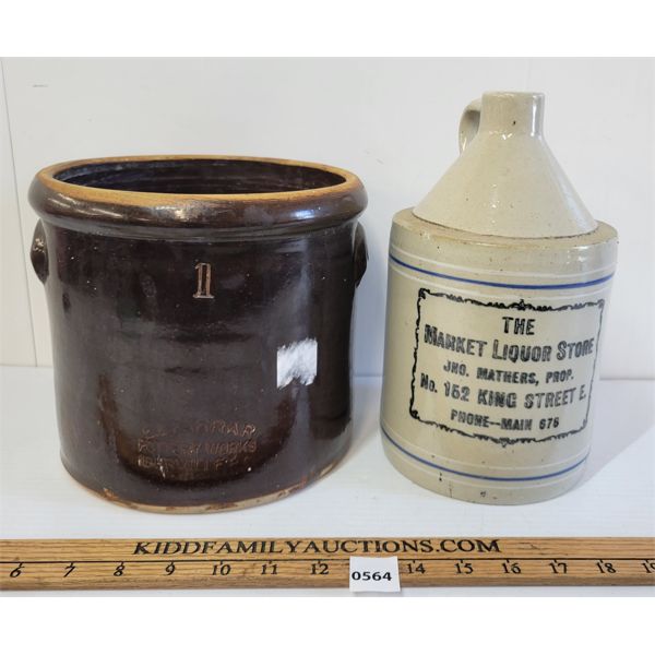 LOT OF 2 - E. L. FARRAR 1GAL OPEN TOP CROCK & BREWERY STONEWARE JUG