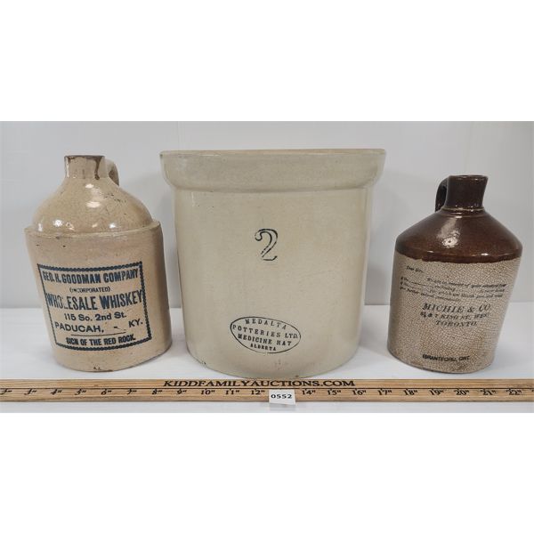 LOT OF 3 - MERCHANTS JUGS & MEDALTA 2 GAL CROCK - BRANTFORD, ONT., PADUCAH, KY & MEDICINE HAT, B.C.
