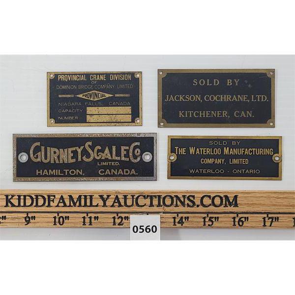 LOT OF 4 - BRASS NAME & INFORMATION PLATES - INCL HAMILTON, WATERLOO & KITCHENER, ONT., ETC.