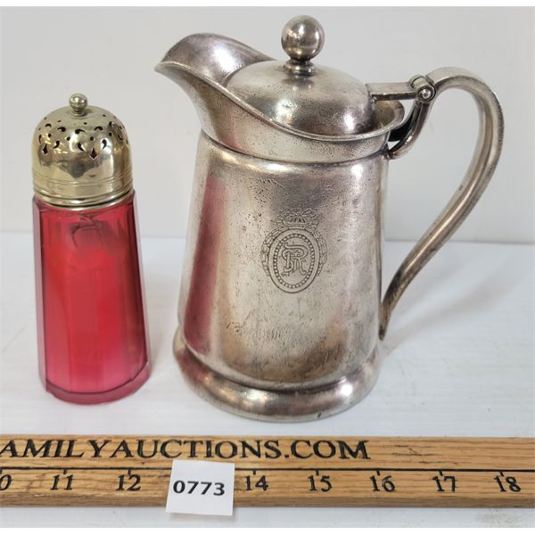 LOT OF 2 - SILVER PITCHER & SUGAR SHAKER