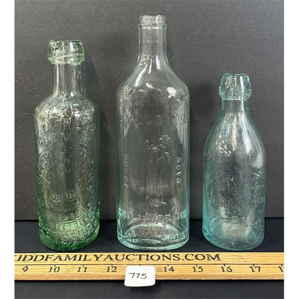 LOT OF 3 - EMBOSSED APOTHECARY BOTTLES - INCL COD LIVER OIL, ETC