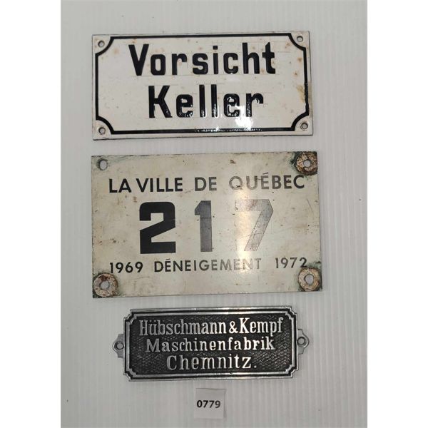 LOT OF 3 - NAME PLATES & SIGNS - INCL PORCELAIN & TIN