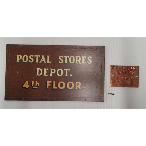 LOT OF 2 - POSTAL STORE SIGN & COPPER PLATED NAME PLATE