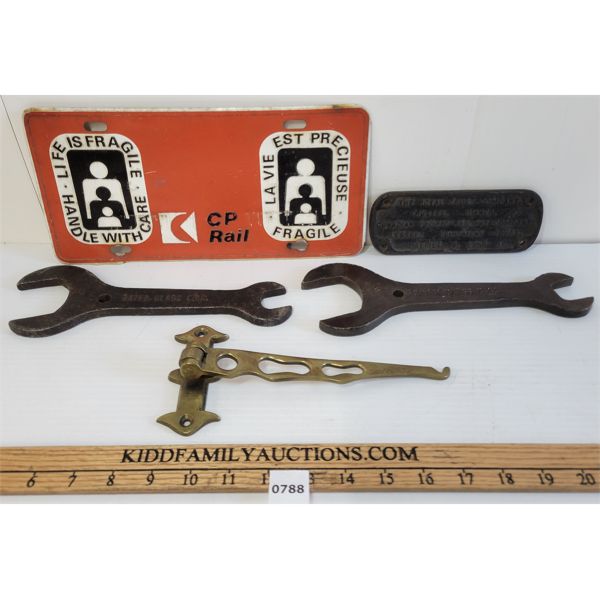 LOT OF 5 - RAILWAY TOOLS & SIGNS - INCL CPR WRENCH, HANDLE WITH CARE SIGN, ETC