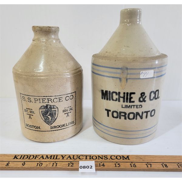 LOT OF 2 - MICHIE & CO. & S. S. PIERCE CO. - MERCHANT STONEWARE JUGS