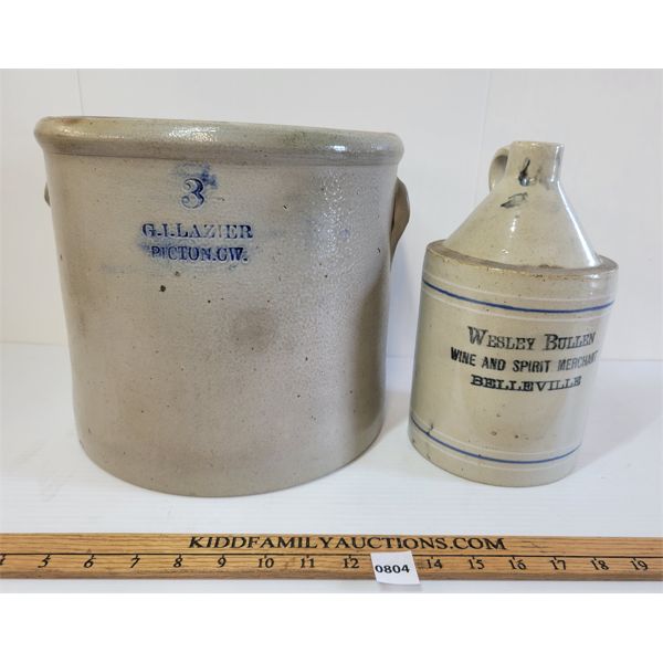 LOT OF 2 - G. I. LAZIER 3GAL OPEN TOP CROCK & WESLEY BULLEN BREWERY JUG 