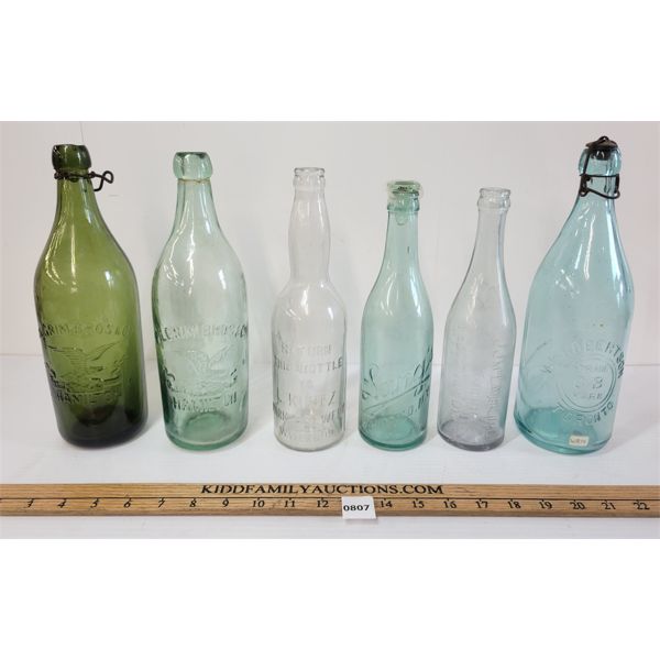 LOT OF 6 - EMBOSSED BOTTLES - INCL PILGRIM BROS., L. KUNTZ PARK BREWERY, LANG'S, ETC