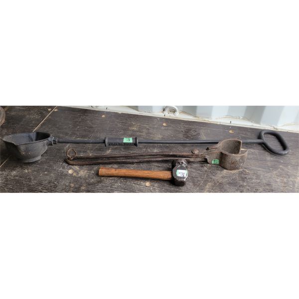 LOT OF 3 - BLACKSMITHING TOOLS - INCL SMELTING LADLE, ETC