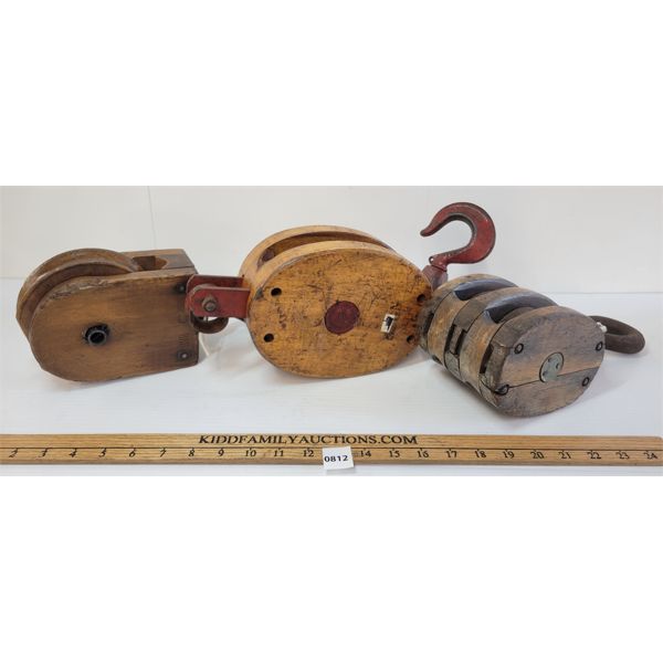 LOT OF 3 - WOODEN PULLEYS 