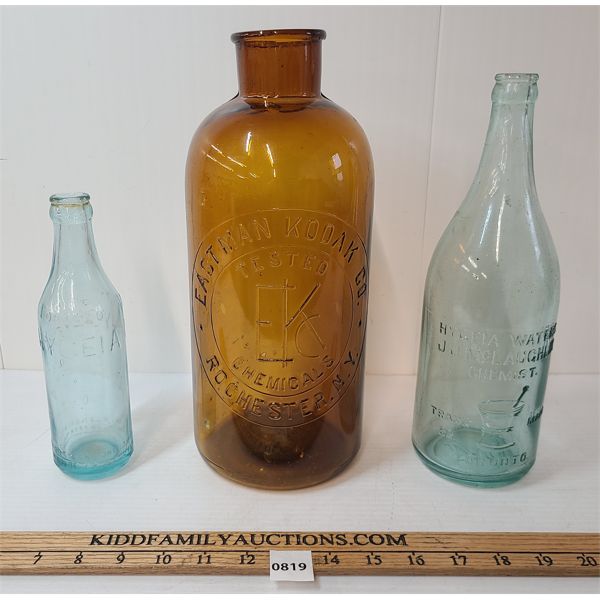 LOT OF 3 - EMBOSSED EAST MAN KODAK CO. & J. J. MCLAUGHLIN HYCEIA BOTTLES 