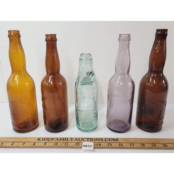 LOT OF 5 - EMBOSSED BOTTLES - INCL GRANT'S SPRING BREWERY, THE CALCUTT BREWING & MALTING CO. 