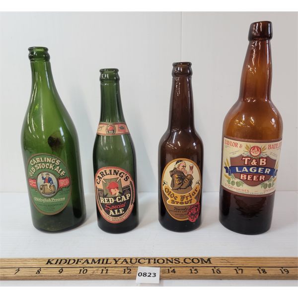 LOT OF 4 - PAPER LABEL BOTTLES - INCL CARLING'S, OLDE FRIAR STOUT, ETC. 