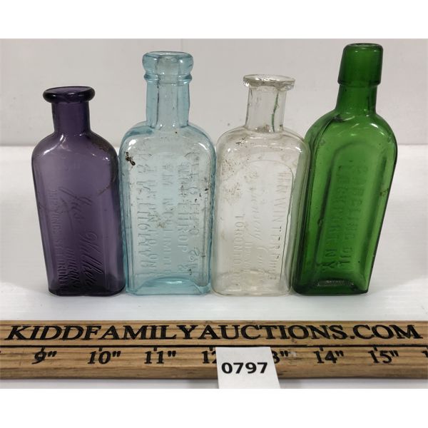 LOT OF 4 - EMBOSSED APOTHECARY BOTTLES - INCL GARGLING & ECLECTRIC OIL, ETC