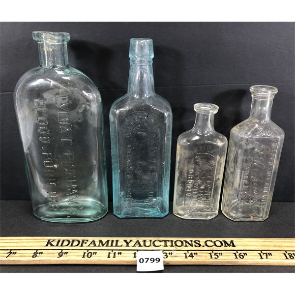 LOT OF 4 - EMBOSSED APOTHECARY BOTTLES - INCL BLOOD PURIFIER & PSYCHINE, ETC.