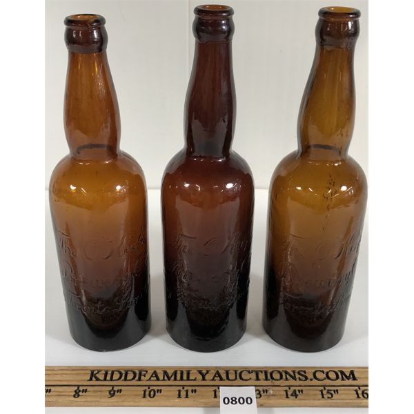 LOT OF 3 - O'KEEFE EMBOSSED AMBER BLOB TOP BOTTLES