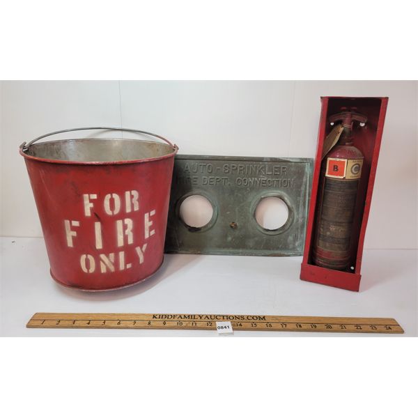 LOT OF 3 - C.N.R. HAND FIRE EXTINGUISHER, EMERGENCY FIRE PAIL & FIRE DEPT. SPRINKLER PLATE COVER