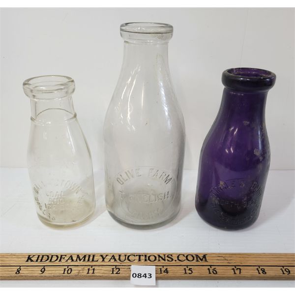 LOT OF 3 - EMBOSSED OLIVE FARM & TINGLE'S DAIRY BOTTLES 