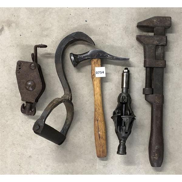 LOT OF 5 - CPR MONKEY WRENCH - LOG HOOK - PNEUMATIC (?) CUTTER, ETC