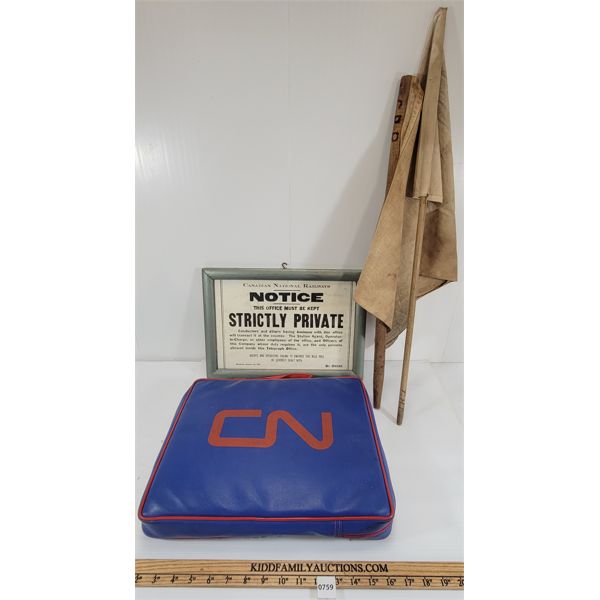 LOT OF 4 - RAILROAD COLLECTIBLES - INCL CNR FRAMED NOTICE, CN CUSHION, ETC. 