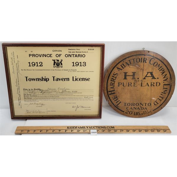 LOT OF 2 - 1912-1913 FRAMED ONTARIO TOWNSHIP TAVERN LICENSE - HARRIS ABATTOIR CO LARD LID