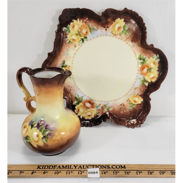 1900's (?) HAND PAINTED FRANCE JEAN POUJAT LIMOGES SERVING TRAY & JUG SET