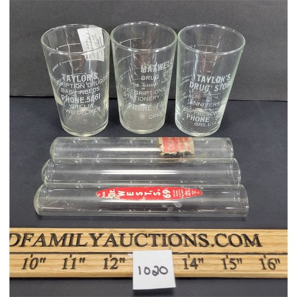 LOT OF 6 - PHARMACY MEASURING GLASSES - GLASS TOOTHBRUSH TUBES