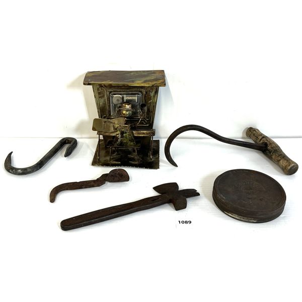 LOT OF 6 - MISC. TOOLS & COPPER MUSIC BOX - INCL MANSON TAPE, SHINGLE HATCHET, ETC.