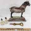 Image 2 : LOT OF 4 - BLACK HORSE ALE STATUE, BRASS BOTTLE OPENER & BLANTON BOURBON BOTTLES