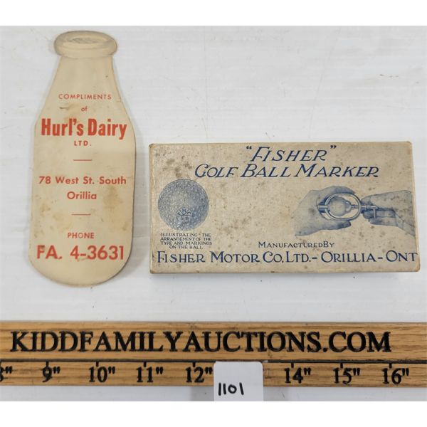 LOT OF 2 - HURL'S DAIRY SEWING SET - GOLF BALL MARKER - ORILLIA, ONT. 