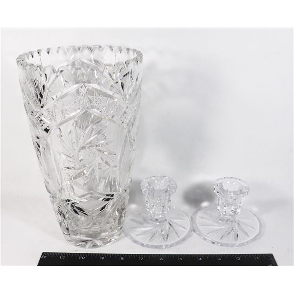 CRYSTAL VASE AND CRYSTAL CANDLE HOLDERS