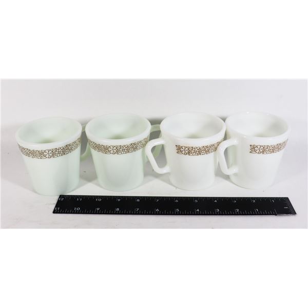 FOUR VINTAGE PYREX MILK GLASS COFFEE MUGS