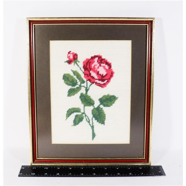 VINTAGE FRAMED PETI POINT FLOWER WALL ART