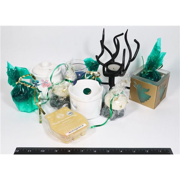 BOX OF ASSORTED CANDLES AND CANDLE HOLDERS