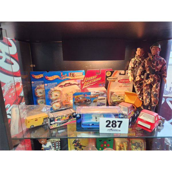Assortment of hot wheels die cast and plastic cars and 2 GI Joe's 