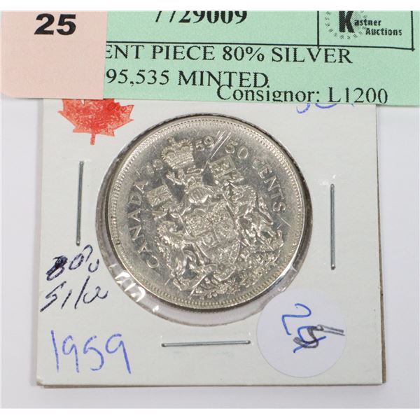 1959 50CENT PIECE 80% SILVER ONLY 3,095,535 MINTED