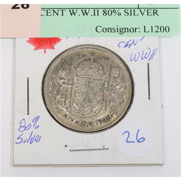 1940 50 CENT W.W.II 80% SILVER