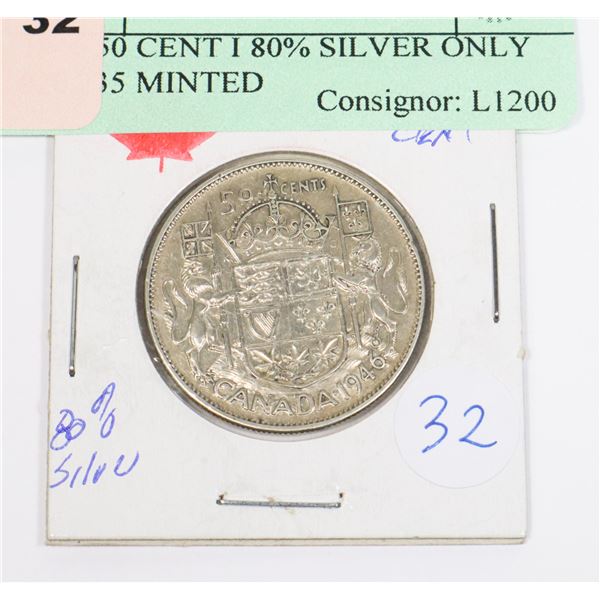1946 50 CENT I 80% SILVER ONLY 920,235 MINTED
