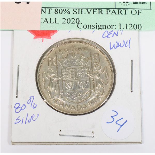 1949 50 CENT 80% SILVER PART OF GOV'T RECALL 2020