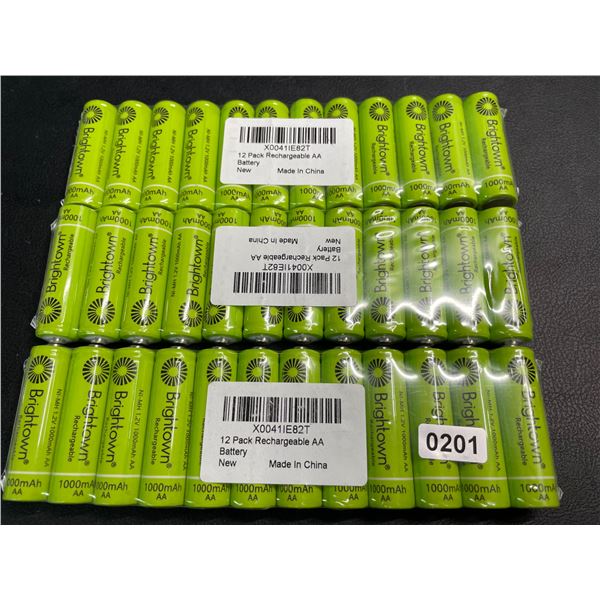 Lot of 3 Packs of Brightown Rechargeable AA Batteries - 12 Per Pack/36 Total - New Sealed!