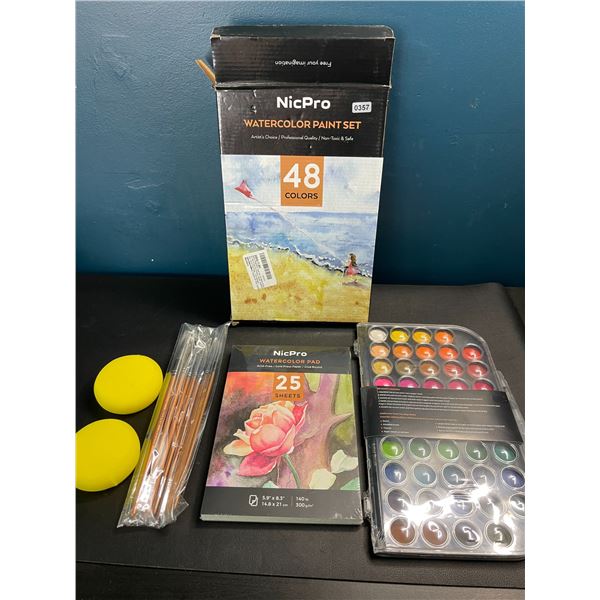 Lot of 1 NicPro Artist Watercolor Paint Set - 48 Colors w/ 8 Brushes, Palette, Art Pad, etc.