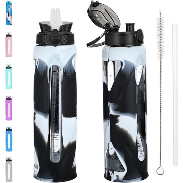 Lot of 1 Goppus Glass Motivational Water Bottle w/ Straw & Flip Lid - Brand New - 32oz/1L