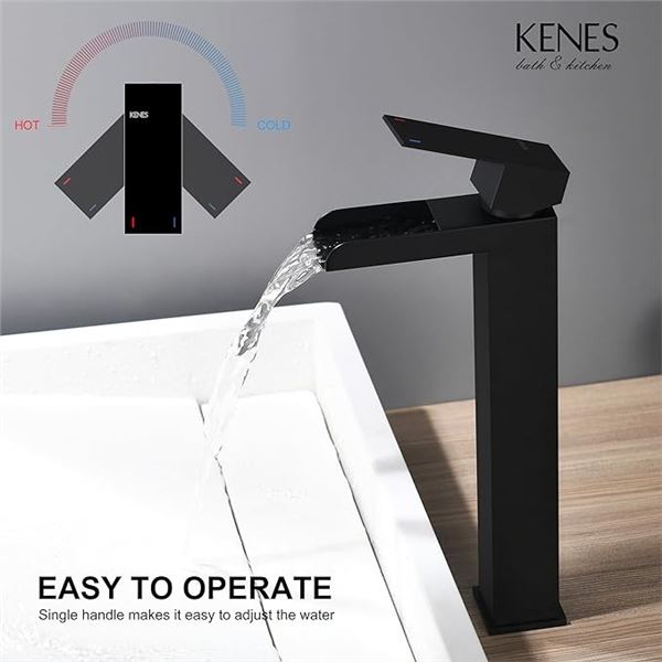 Lot of 1 Kenes Tall Single-Lever Waterfall Bathroom Sink Faucet - Black - Brand New!