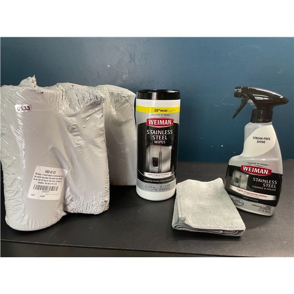 Lot of 3 Sets of Weiman Stainless Steel Cleaner/Polish, Wipes, and Cloth